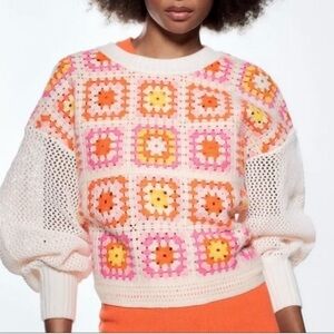 NWT ZARA Granny Square Crochet Chenille Sweater
